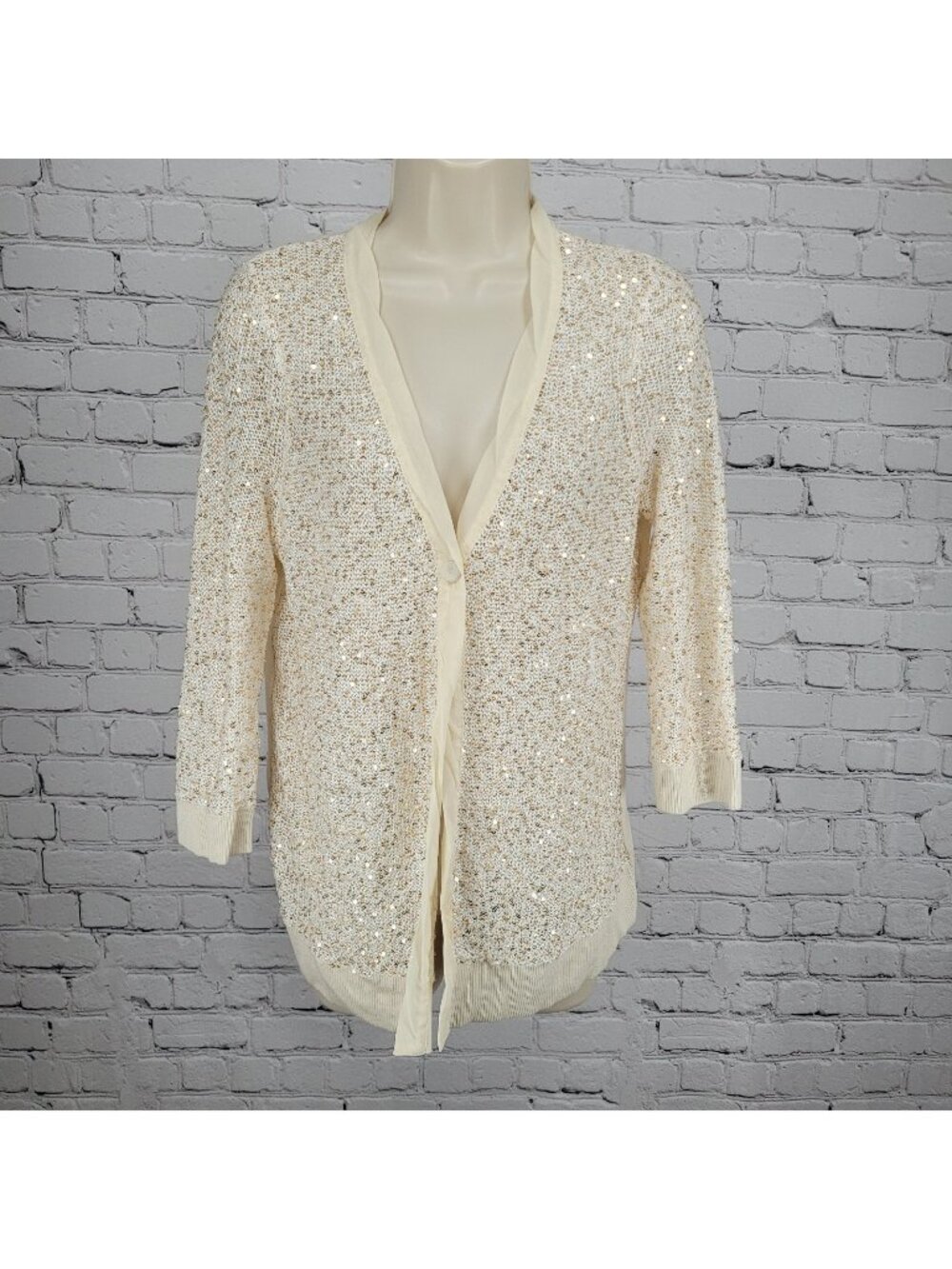 Chico's Ivory Linen Blend Sequin 3/4 Sleeve Lightweight Cardigan Size 1 US 8